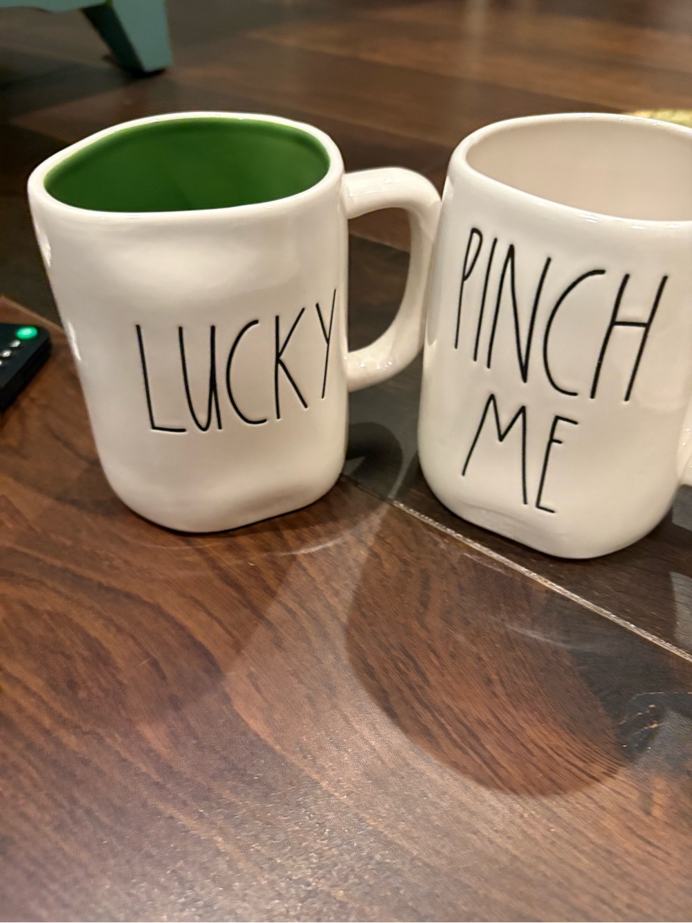Rae Dunn Lucky Ceramic Mug with Green Interior - White Stoneware